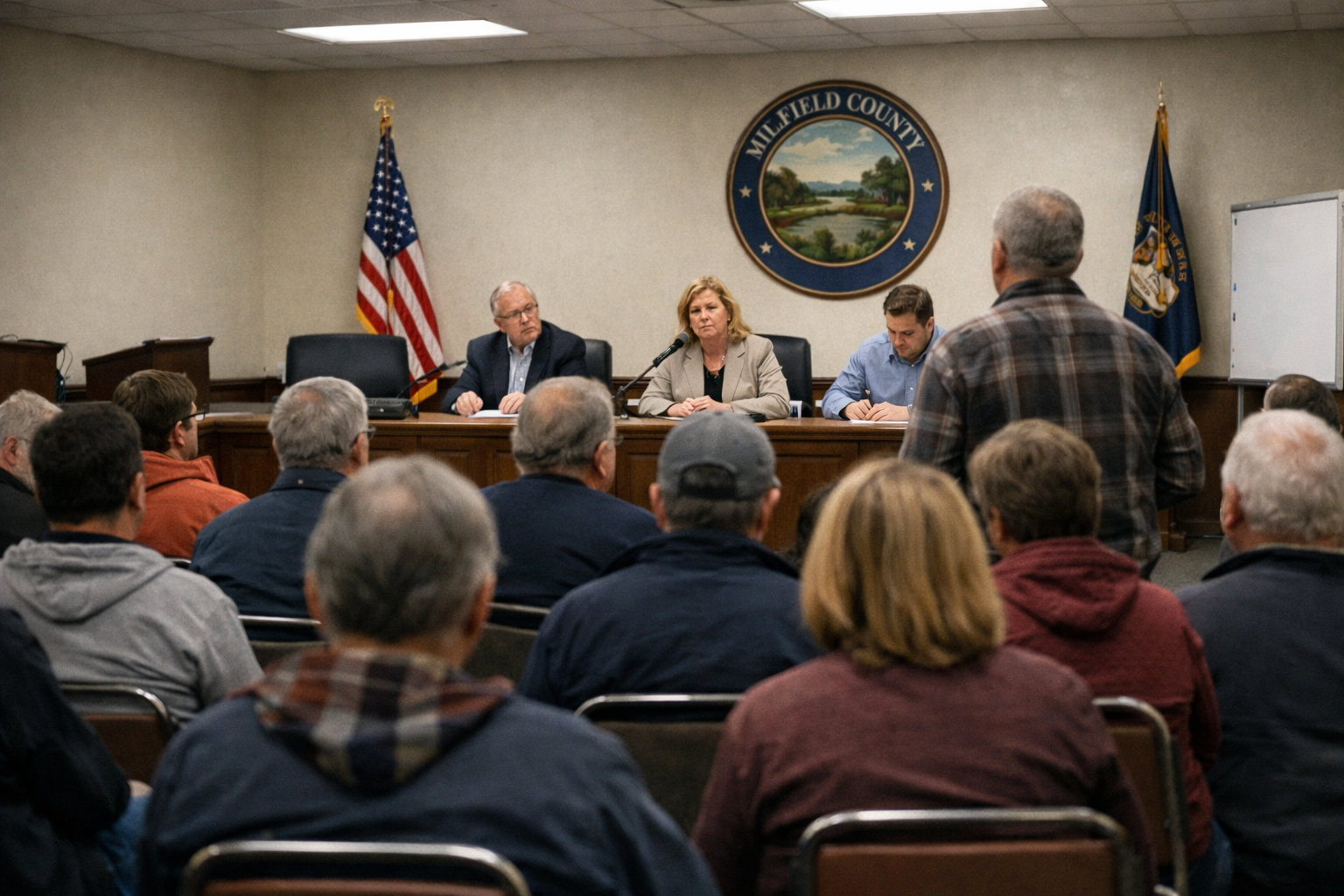 Residents attending a county town hall meeting